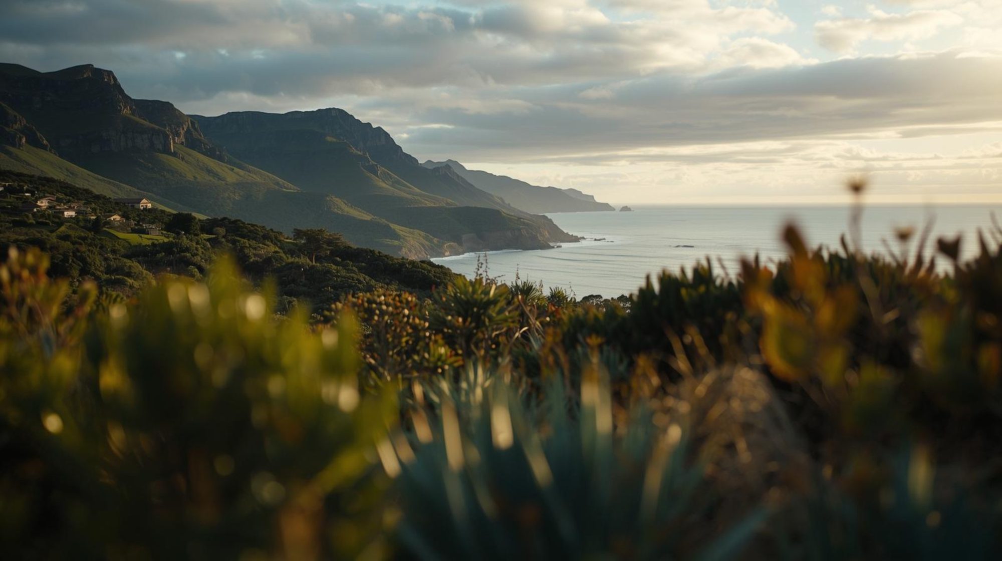 A king protea in flower among fynbos, backlit by low evening sun