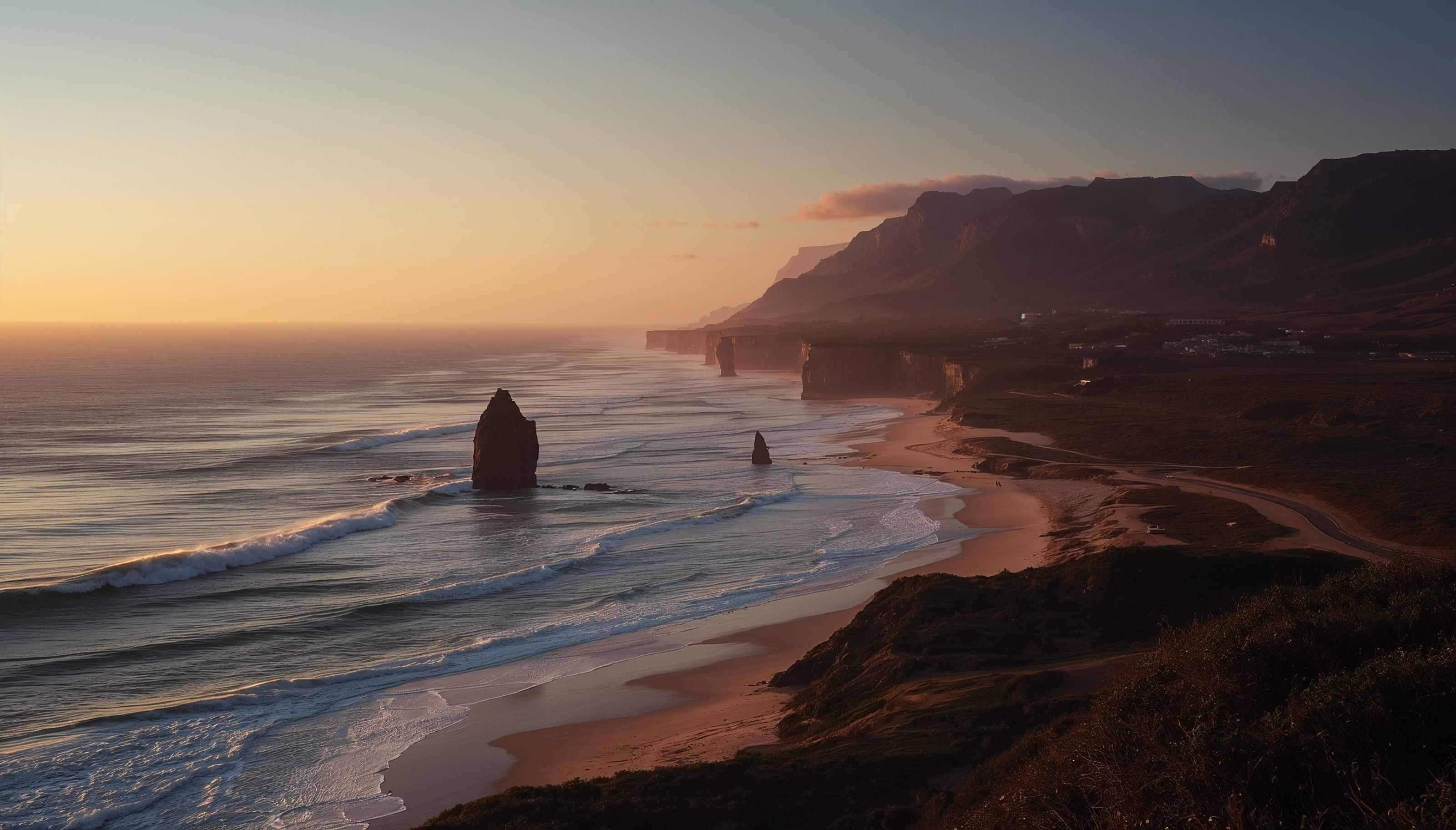 Sea stacks and a curving coastline at sunset along the Garden Route
