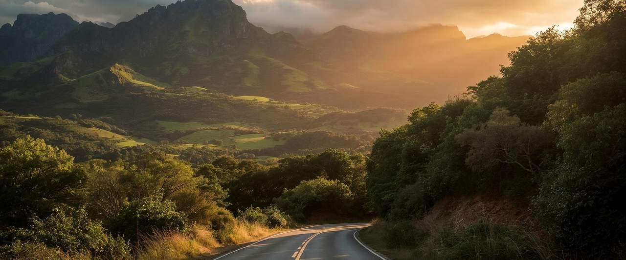 An empty road curving through green mountains in the late afternoon