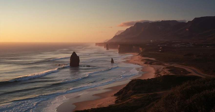 Sea stacks and an empty beach below cliffs on the southern Cape coast at sunset