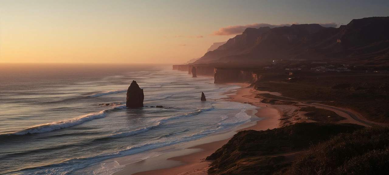 Sea stacks, an empty beach and cliffs receding into haze along the southern Cape coast