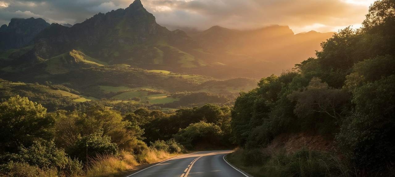 An empty road curving through green mountains towards the setting sun