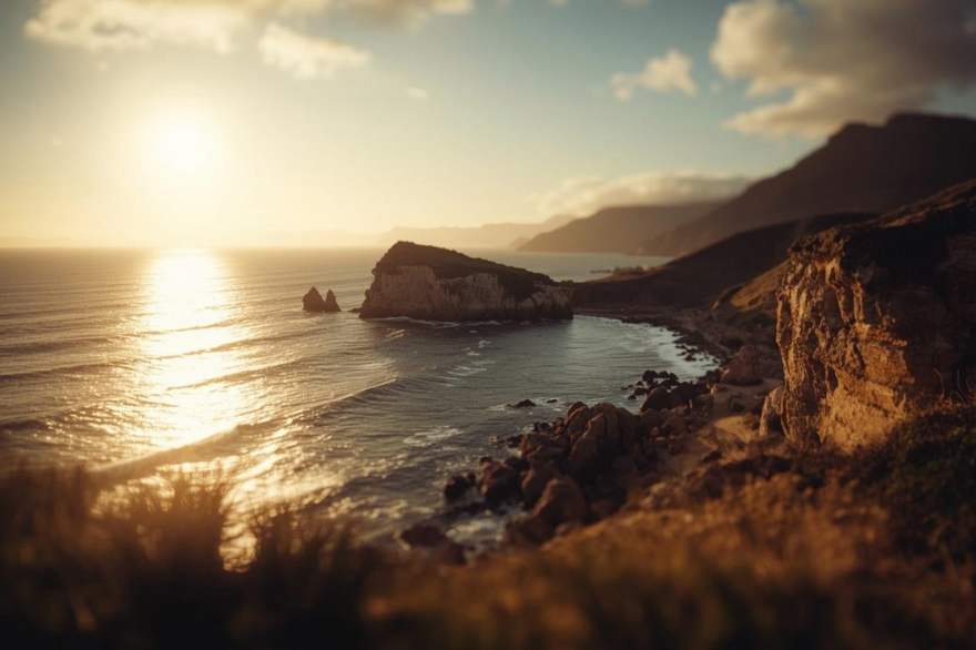 A headland and long beach on the Garden Route lit by low golden sunlight
