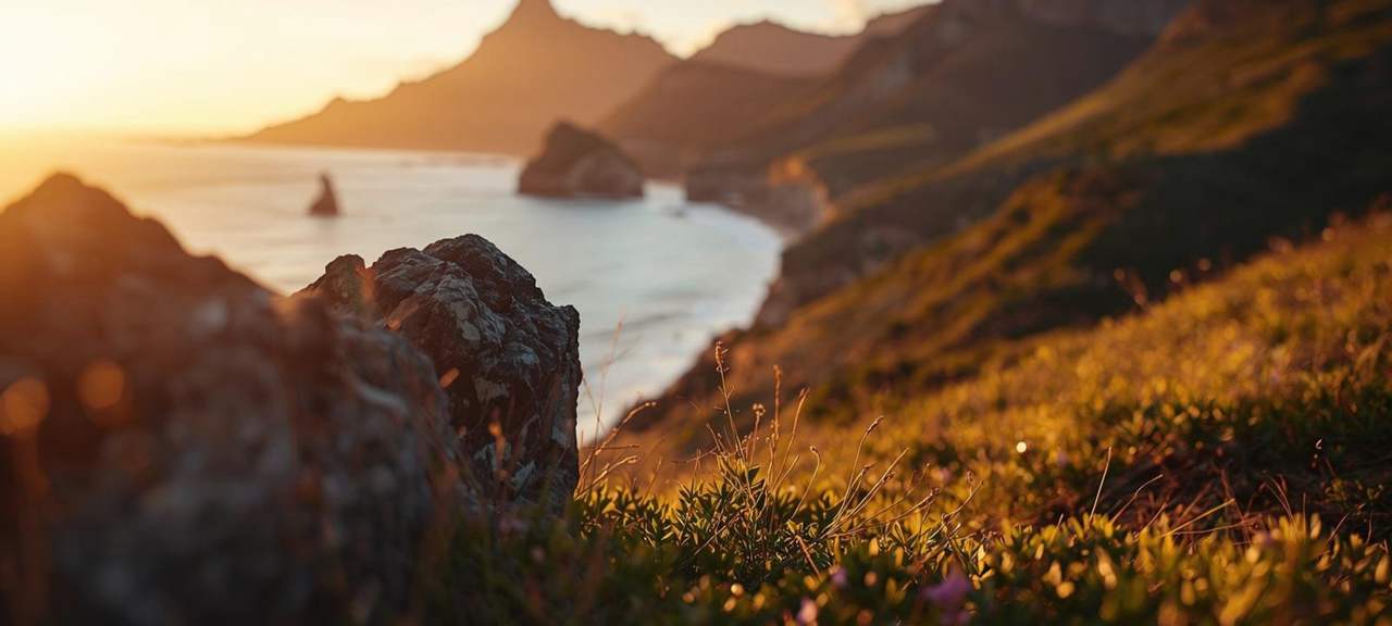 A rocky bay on the southern Cape coast with the sun low over the water