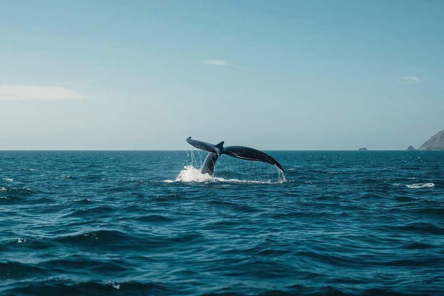A whale's tail raised above the sea off the southern Cape coastline