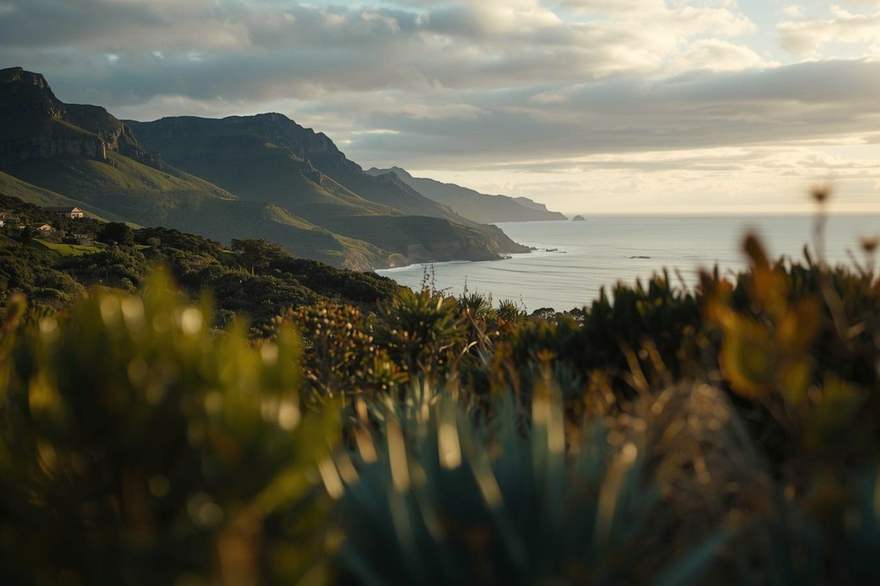 Green coastal mountains falling to the sea near Knysna under soft cloud