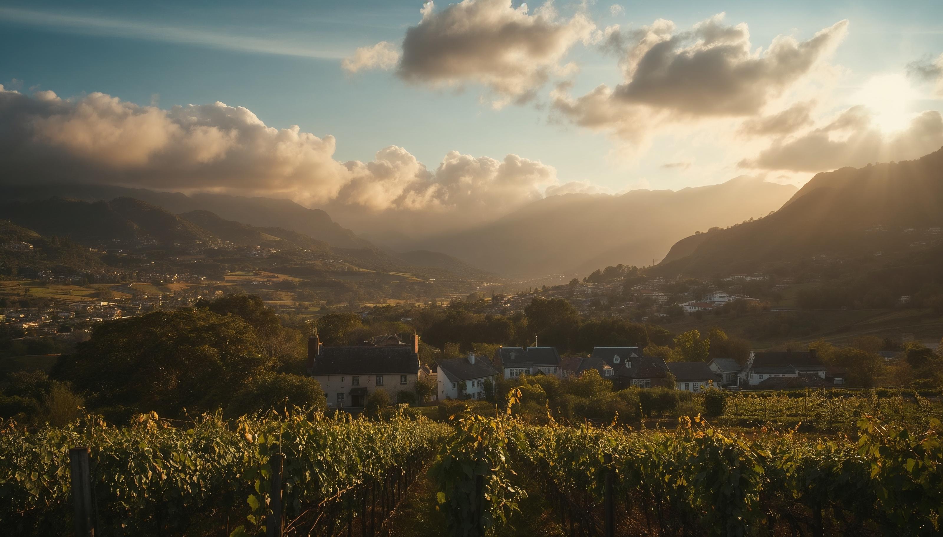 Vineyards and white Cape Dutch houses in a mountain valley at golden hour