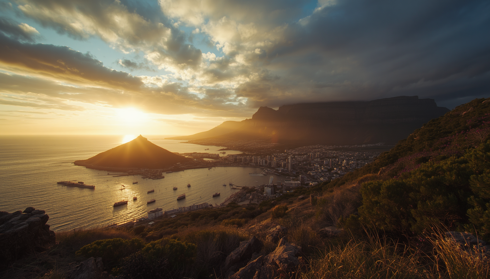 Table Mountain seen across fynbos and protea bushes in late afternoon light